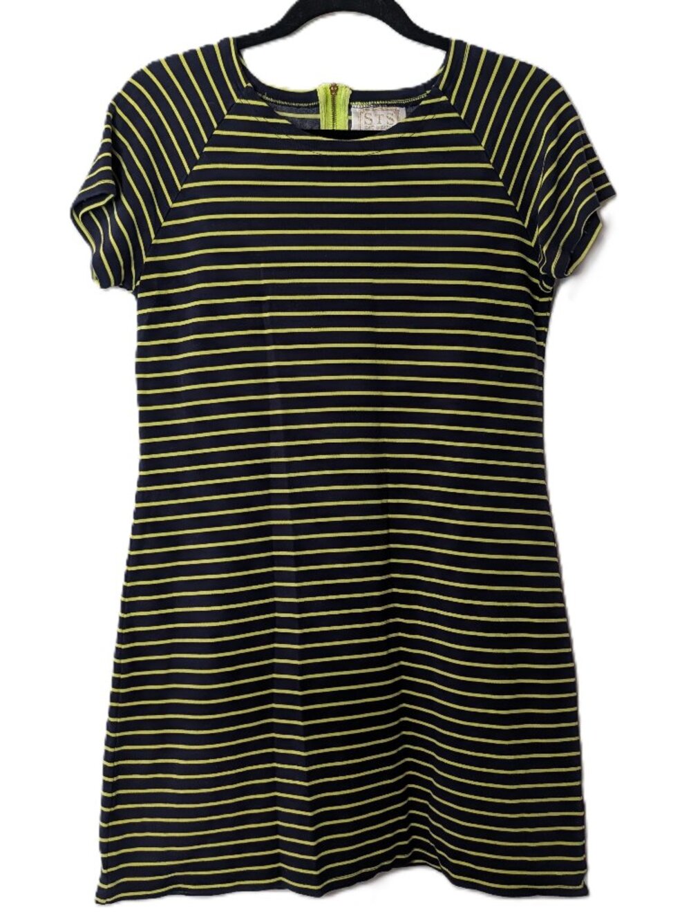 Sail to Sable Navy Blue Lime Green Knit T-Shirt Dress Gold Zip Medium M